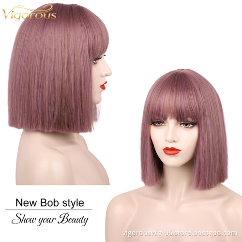 Vigorous Short Straight Bob Bang Wigs for Women Synthetic Pink/Black 12 Inch Cosplay Middle Division Hair Natural Looking
